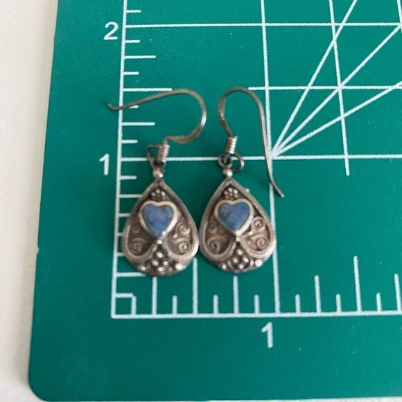 Ornate Sterling Silver & Lapis Inlay Earrings - Picture 3 of 3